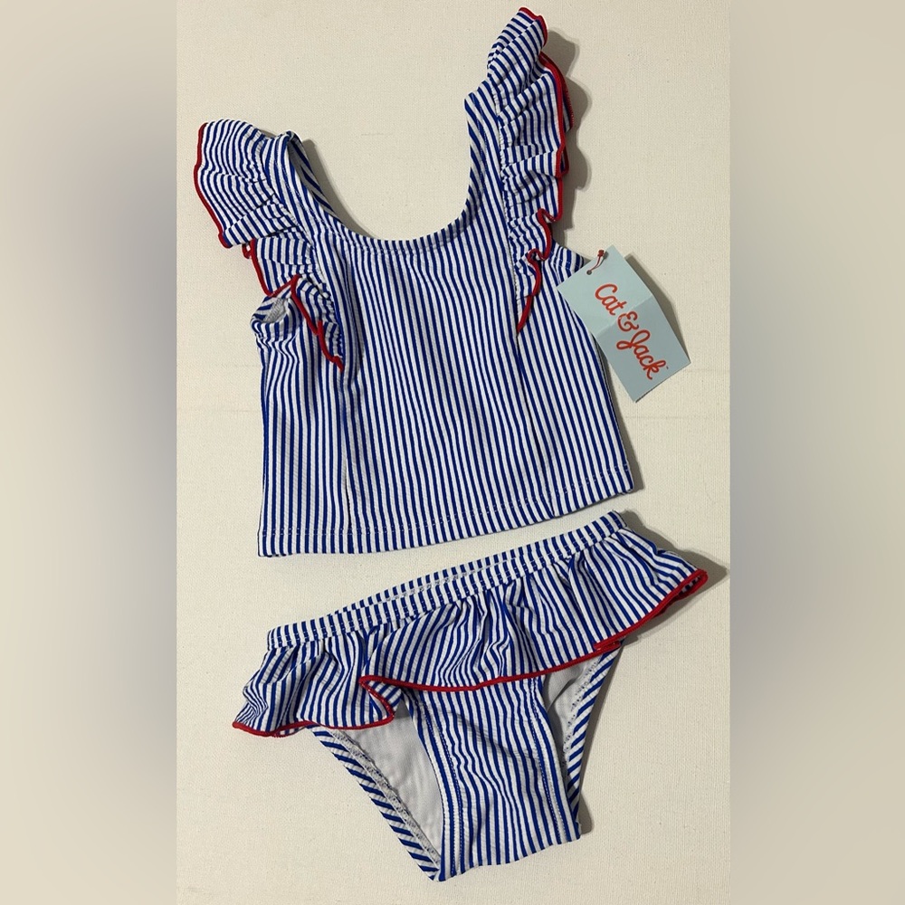 Cat & Jack Baby Girls Swimsuit Red White Blue Stripe Ruffles NWT 12 Months